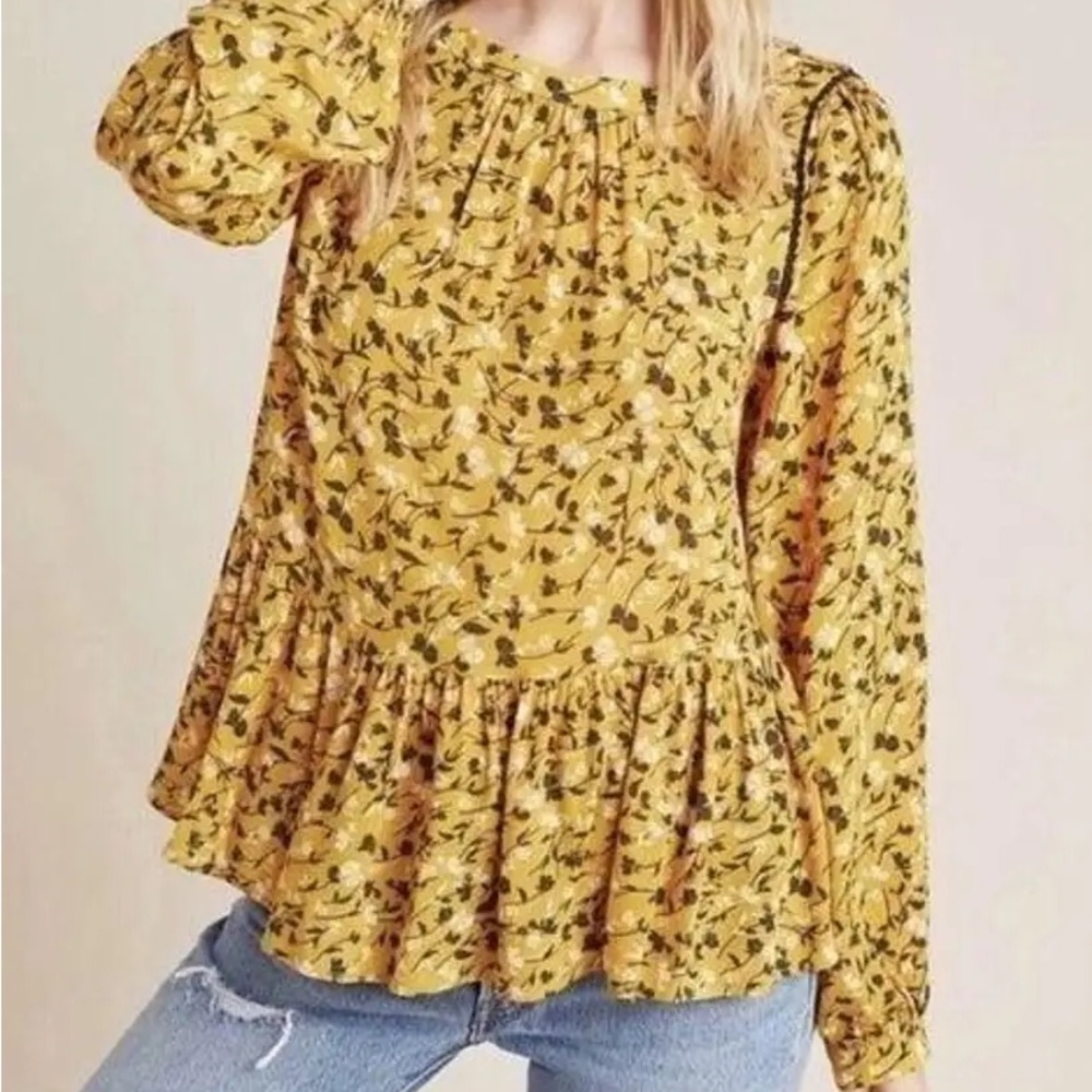 Maeve Yellow Puff Sleeve Peplum Blouse